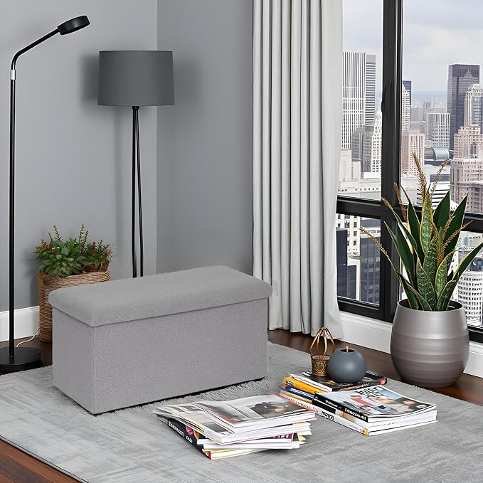 PINPLUS Folding Storage Ottoman Bench, Sherpa Ottoman with Storage, Large Long Shoes Bench Chest with Lid, Footrest for Living Room, Entryway, Grey 30'' x 15'' x 15''
