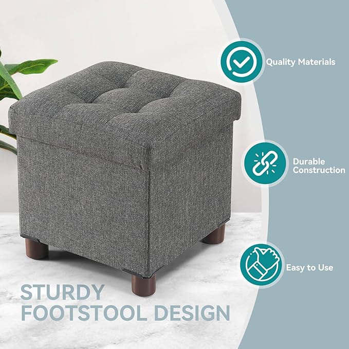 BRIAN & DANY Small Ottoman with Storage, Small Storage Ottoman, Folding Foot Stool with Wood Legs for Living Room and Bedroom Linen Rest Seat, 12.6"x12.6"x12.8" - Gray