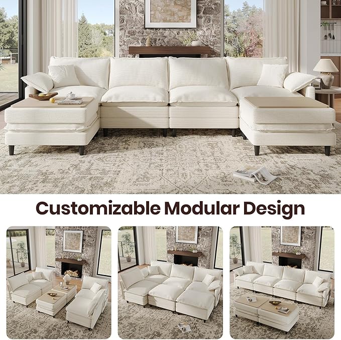 143" U Shaped Modular Sectional Cloud Couch with Two Ottoman, Snap-on Easy Installation 6-Piece Deep Seat Sofa with Storage Bag and Coffee Table for Living Room, Corduroy, Beige