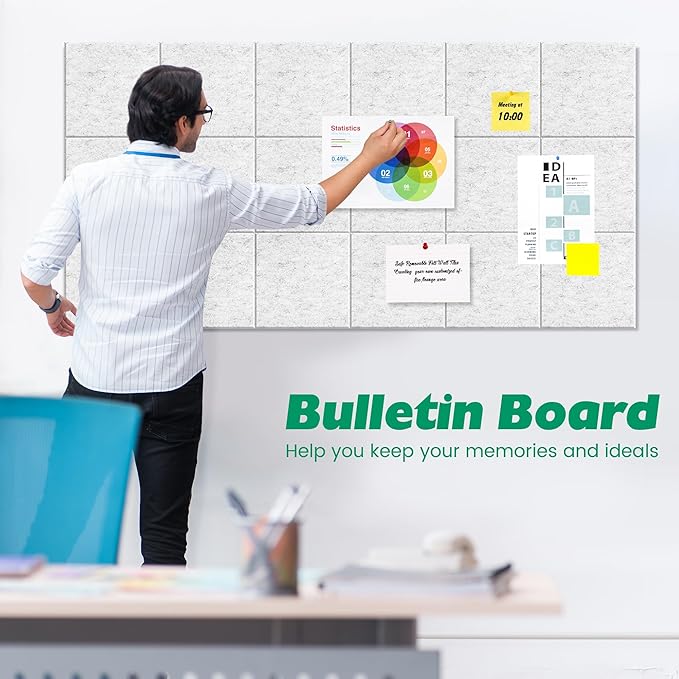 Large Cork Board Alternative - 11.8"x11.8"x0.35" 12 Pack Felt Wall Tiles Self-Adhesive Safe Removable Large Corkboard Bulletin Board Felt Cork Board for Walls Cork Board for Office 48 x 36-White Grey