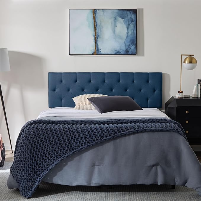 Lucid Mid-Rise Upholstered Headboard - Diamond Tufted - Padded Polyester - Adjustable Height from 34” to 46” - Easy Assembly - Bed Frame or Wall Mount - Sturdy - Cobalt - King / Cal King Size