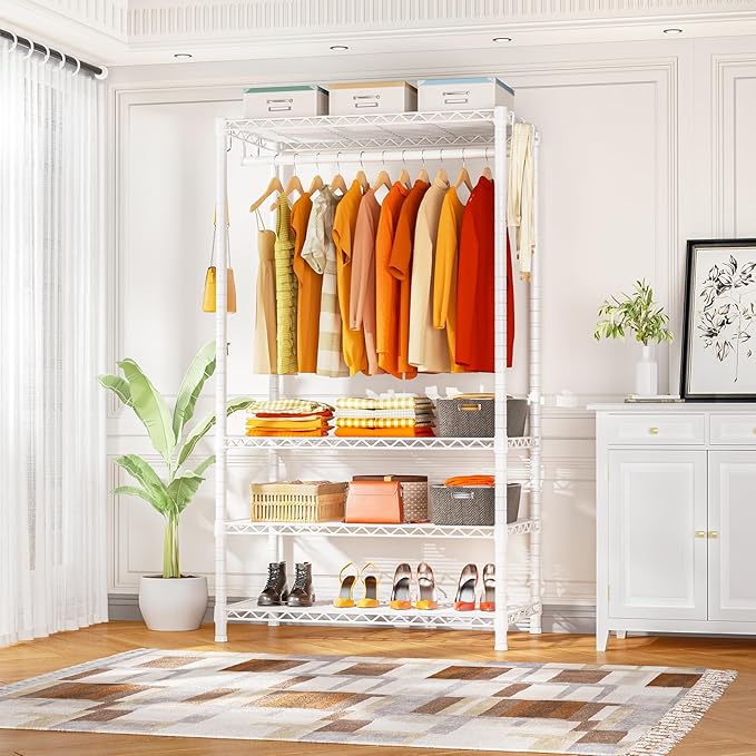 Ulif H4 Portable Closets, 4-Tier Metal Clothes Garment Rack for Bedroom and Cloakroom, Clothing Closet Storage and Organizer Wardrobe, 35.4" W x 14" D x 76.4" H, White