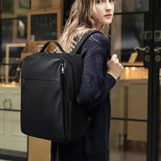 MASINTOR 15.6 inch PU Leather Laptop Backpack Purse for Women, Large College Casual Backpack Travel Bag Black