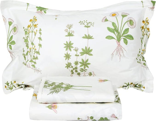 FADFAY Shabby Green Floral Sheet Set 100% Cotton Bed Sheet Set Green White Natural Hypoallergenic Bedding Set,4pcs-Queen