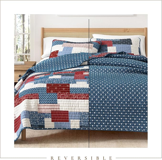Great Bay Home 2-Piece Twin/Twin XL Microfiber Quilt Set with Shams - Americana Patchwork Reversible Design - Lightweight, All-Season, Layerable Bedding Set