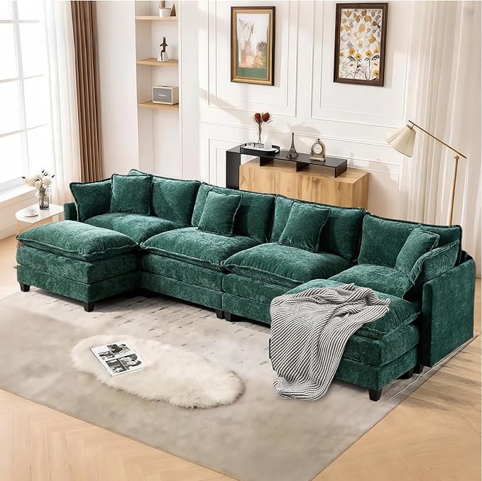 SoarFlash 149.61" Chenille Sectional Sofa, Comfy U Shaped Modular Coush Sofa with Ottoman, Modern 4 Seat Couch Deep Seat Sofa Set for Living Room,Green