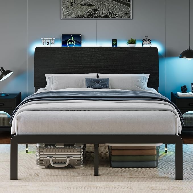 iPormis Full Size Metal Bed Frame with LED Lights & Charging Station, Platform Bed with Ergonomic Storage Headboard, Steel Slats Supports, No Box Spring Needed, Noise-Free, Easy Assembly, Black