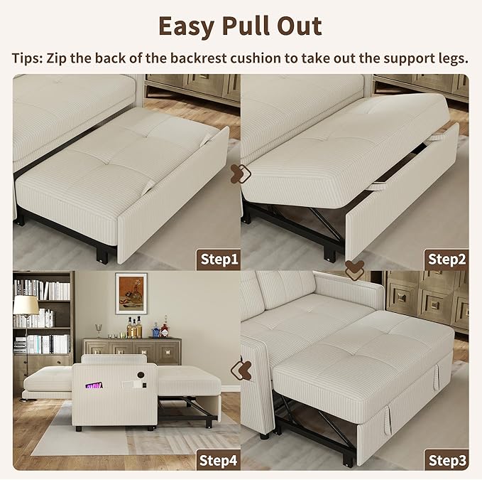 3 in 1 Convertible Sleeper Sofa Bed, Pull Out Couch with Charging Station, Corduroy Small Loveseat Sleeper Sofa with Adjustable Backrest for Apartment, Bedroom, Small Space（White）