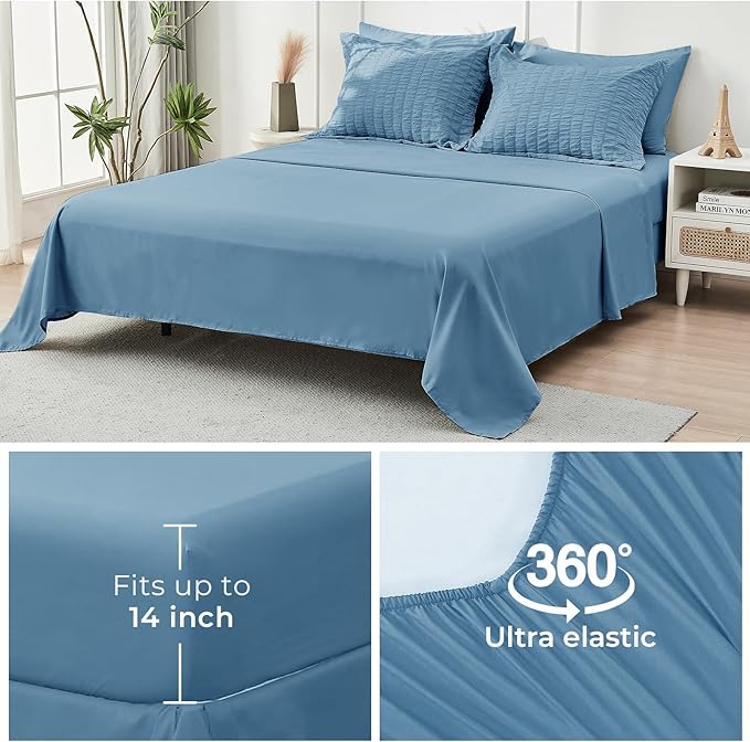 HYMOKEGE Mineral Blue Twin Comforter Set Seersucker 5 Pieces, All Season Luxury Bed in a Bag for Bedroom, Bedding Set with Comforter, Sheets, Pillowcase & Sham