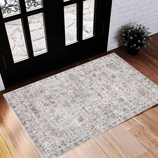 Washable Area Rug 2'x3' Door Mat Vintage Distressed Doormat Indoor Entrance Traditional Thin Rug Floral Print Non Slip Carpet for Kitchen Bathroom Bedroom Living Room