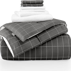 Bare Home Bed-in-A-Bag 7 Piece Comforter & Sheet Set - King - Goose Down Alternative - Ultra-Soft 1800 Premium Bedding Set (King, Grid - Grey/White Comforter Set, White Sheet Set)