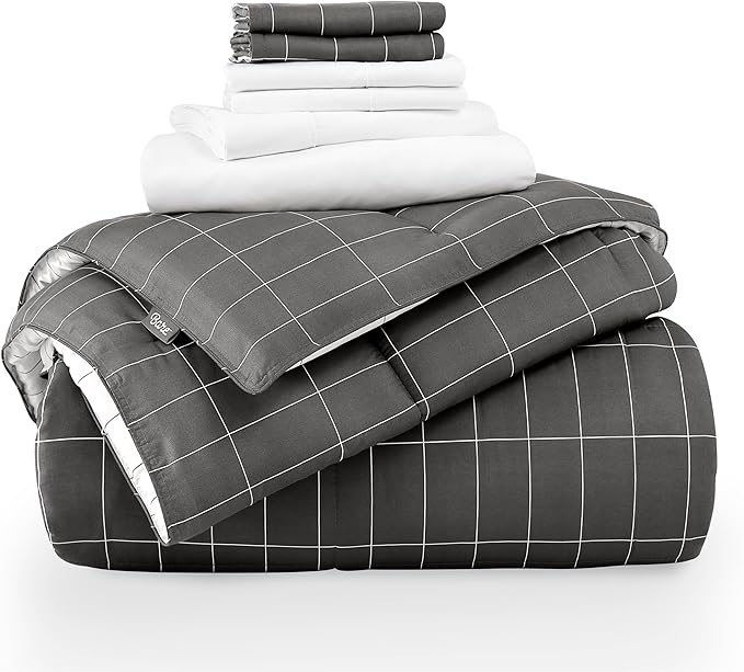 Bare Home Bed-in-A-Bag 7 Piece Comforter & Sheet Set - King - Goose Down Alternative - Ultra-Soft 1800 Premium Bedding Set (King, Grid - Grey/White Comforter Set, White Sheet Set)