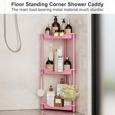 Orimade Rustproof 3 Tier Floor Standing Corner Shower Caddy Organizer, Plastic Metal Splicing Floor Corner Shelf Rack Stands for Bathroom, Pink