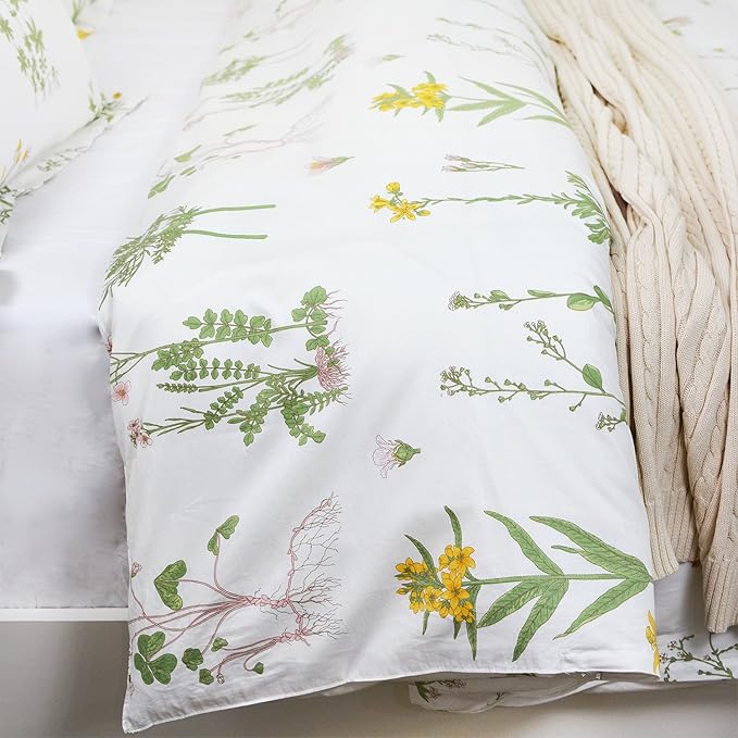 FADFAY Shabby Floral Duvet Cover Set White and Green Cotton Bedding Set with Hidden Zipper Closure 3 Pieces, 1duvet Cover & 2pillowcases (King/California King Size, Simple Style)
