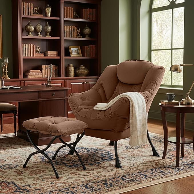 Tiita Lazy Chair with Ottoman, Modern Large Accent Lounge Armchair, Comfy Leisure Sofa Reading Chair with Footrest for Bedroom, Living Room, Dorm Rooms, Garden and Courtyard, Brown