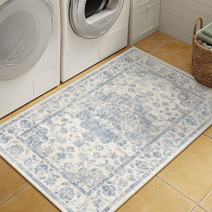 3x4 Washable Neutral Area Rug Blue Vintage Entryway Office Carpet Non-Slip Soft Low Pile Floral Throw Rug for Entrance Living Room Bathroom Dining Room