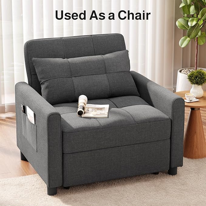 Ahomly Convertible Sofa Bed, 3-in-1 Multi-Functional Sleeper Chair Bed, Adjustable Backrest Recliner with Modern Linen Fabric for Living Room Bedroom Apartment Small Space, Dark Grey
