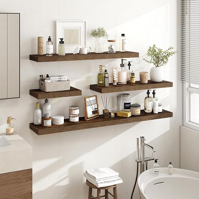 36 Inch Floating Shelves, 36"x9.25"x1.5" Inch Deep Floating Shelves for Wall, Wooden Shelves for Bathroom, Bedroom, Living Room, Brown, 2 Pieces