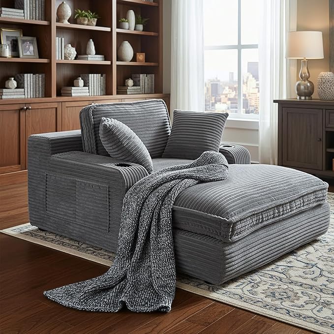 67" Oversized Chaise Lounge Chair Indoor, Soft Boneless Cloud Couch with 3 Pillows, 4 Side Pockets and 2 Cup Holders, Comfy Corduroy Sleeper Couch for Living Room Bedroom, Gray