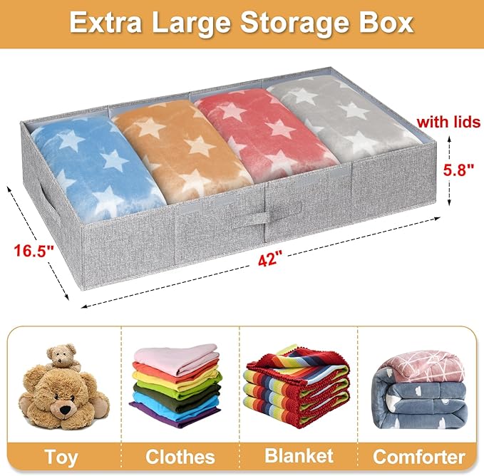 punemi Extra Large Under Bed Storage 65L, 42*16.5*5.8 in Tall underbed storage containers with Lids, Sturdy Closet Organizers and Storage Bins Bags for Blankets Comforter Sweaters Wrapping Paper 2PACK