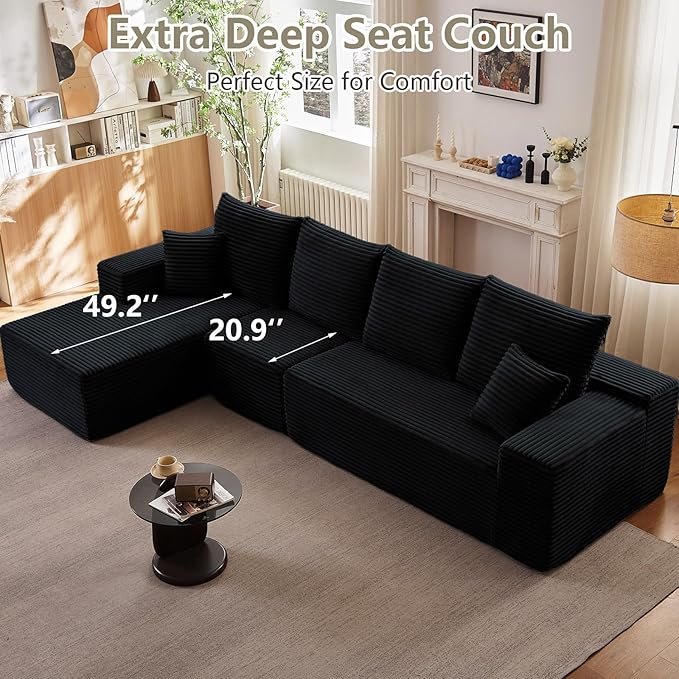 135" Modular Sectional Couches for Living Room, Comfy Boneless L Shaped Cloud Couch with Chaise Lounge, Modern Cozy Corduroy Deep Seat Floor Sofa, Memory Foam, No Assembly Required, Black