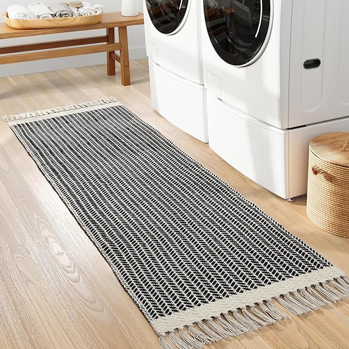 Lahome Boho Hallway Runner Rug, 2x6 Laundry Room Lightweight Entry Woven Cotton Throw Mat with Tassels, Farmhouse Non Shedding Washable Black Low Pile Runner for Kitchen Bathroom