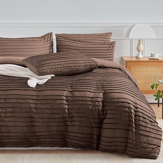 NEXHOME PRO California King Duvet Cover, Blue 3 Pieces Boho Tufted Duvet Cover Set, Soft and Lightweight Microfiber Comforter Cover Set(Dark Brown,104 x 98)-No Comforter