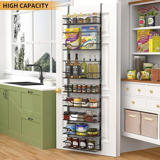Moforoco 8-Tier Over The Door Pantry Organizer, Pantry Organization and Storage, Black Hanging Basket Wall Spice Rack Seasoning Shelves, Home & Kitchen Laundry Room Bathroom Essentials accessories