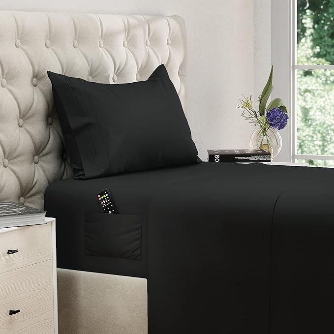 DREAMCARE Twin XL Sheet Sets – 3pcs Cooling Sheets – up to 15” Deep Pocket Twin XL Sheets Set – Hotel Luxury Sheets & Pillowcases – Superior Softness 100% Fine Microfiber with Side Pocket – Black DREAMCARE