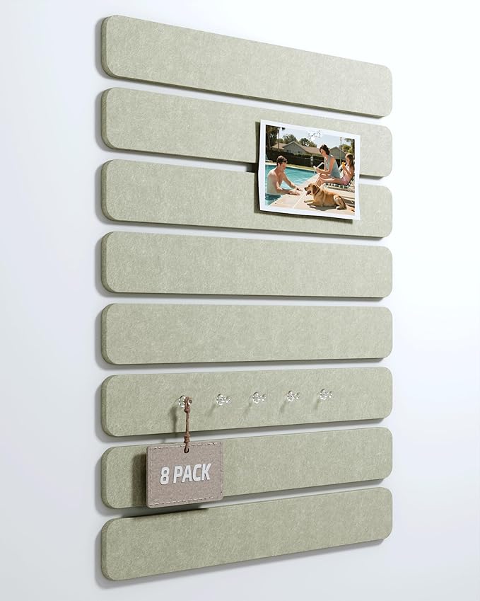Cork Board Alternative Felt Strip Board 8-Pack 13"x2", Office Pin Board with 50 Push Pins, Adhesive Install for Bedroom Door & Home Office(Sage)