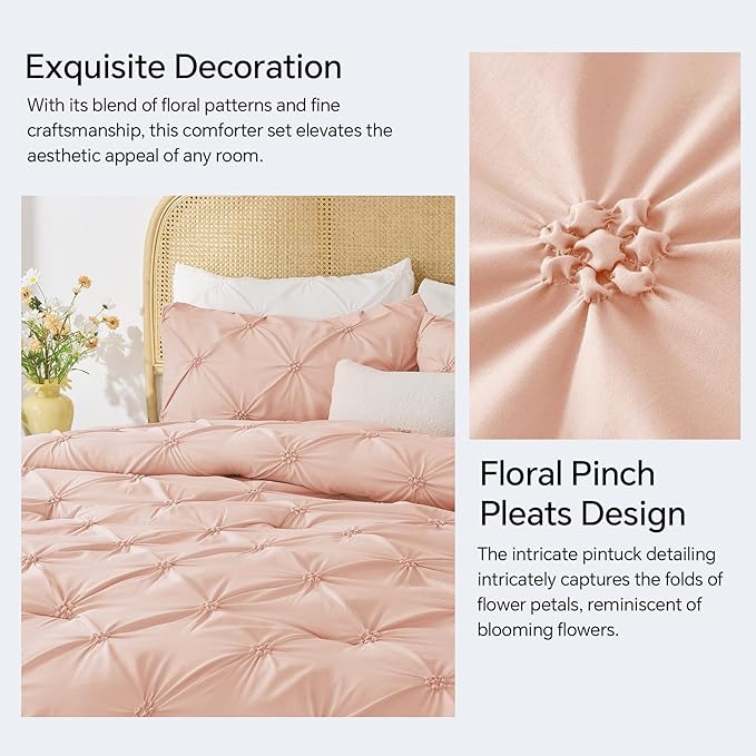 BEDELITE Dusty Pink King Size Comforter Set - 3 Pieces Boho Pintuck Bedding Comforter Sets, Lightweight Soft & Warm King Bedding Set with 2 Pillowcases for All Season
