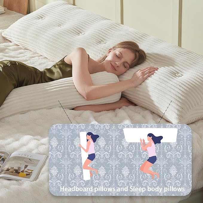 Headboard Wedge Pillow + A Long Neck Roll Pillow Body Pillow，Large Headboard Pillow with Removable Cover (Beige, Twin：39x8x20 inches)