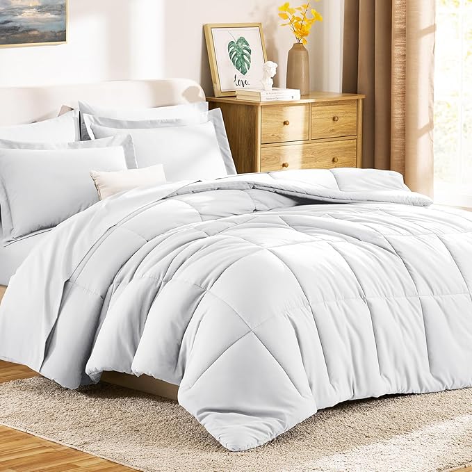 CozyLux Queen Comforter Set White - 7 Pieces Bed in a Bag Queen, All Season Breathable Bedding Sets, Oeko-Tex Certified Bed Set with Down Alternative Comforter, Sheets, Pillowcases & Pillow Shams