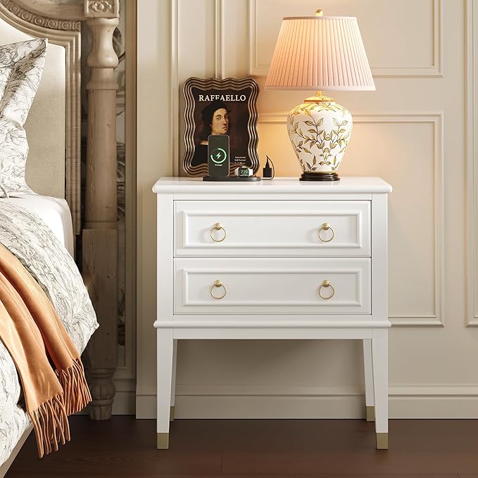 Huuger 27.6 Inch Tall Nightstand with Charging Station, USB-C Port, Larger Night Stand Set of 2, Bedside Table with 2 Drawers, 11.4 Inch Raised Legs, Side Tables End Tables, for Bedroom, White