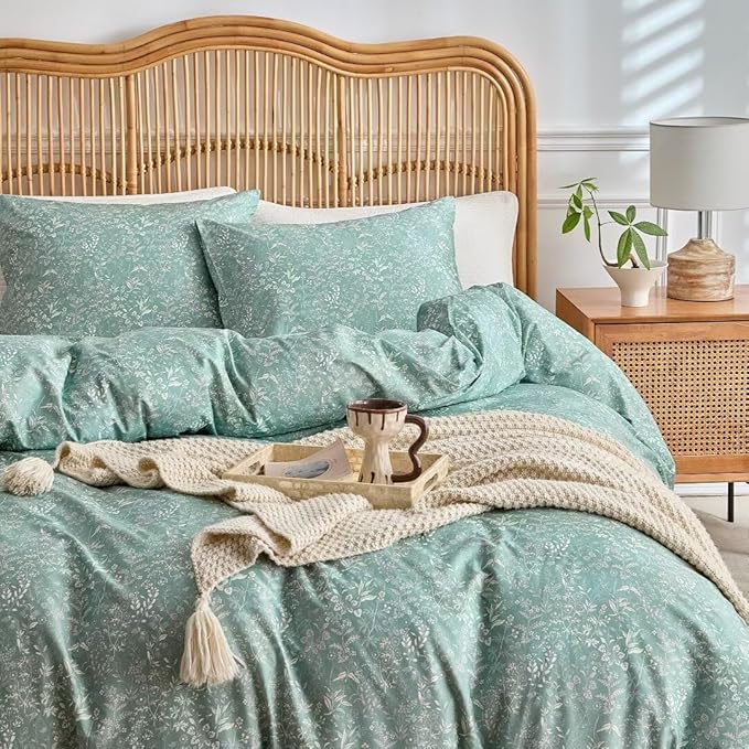 MKXI Vintage Style Comforter Set King Size Wildflower Comforter Set Floral Bedding Set Green Floral Duvet Comforter Microfiber Bed Set Soft Reversible Design Farmhouse Comforter