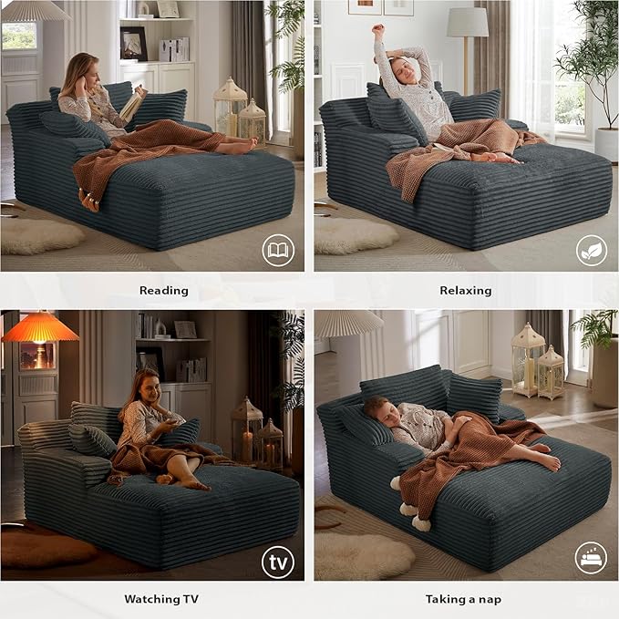 67 Inch Chaise Lounge Chair Indoor, Oversized Corduroy Upholstered Boneless Sofa Bed, Deep Seat Sleeper Couch Reading Chairs, Cloud Sofas Couches for Living Room, No Assembly Required (Dark Grey)