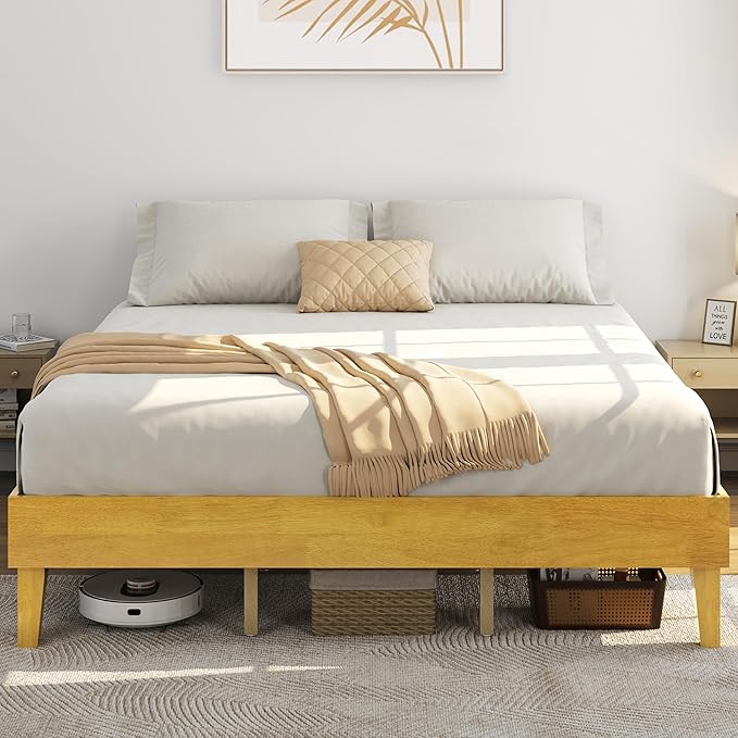 Yaheetech King Bed Frame Natural Solid Wood Platform Bed with Wooden Slats Support, 12-inch Underbed Space for Storage, Noise-Free Design, Easy Assembly, Natural Wood Finish