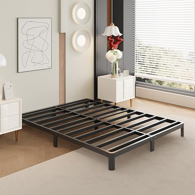 8 Inch Queen Bed Frame Rounded Corner No Box Spring Needed, Heavy Duty Metal Queen Size Platform Bed Frame, Easy Assembly, Noise Free, Black