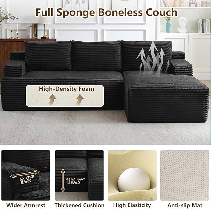 96" Modular Sectional Sofa Couches L-Shape Couch 3 Seat Modular Sofa Corduroy Memory Foam Sectional Boneless Couches for Living Room, Cloud Couch with Oversized Chaise(Dark Black, Right Facing)
