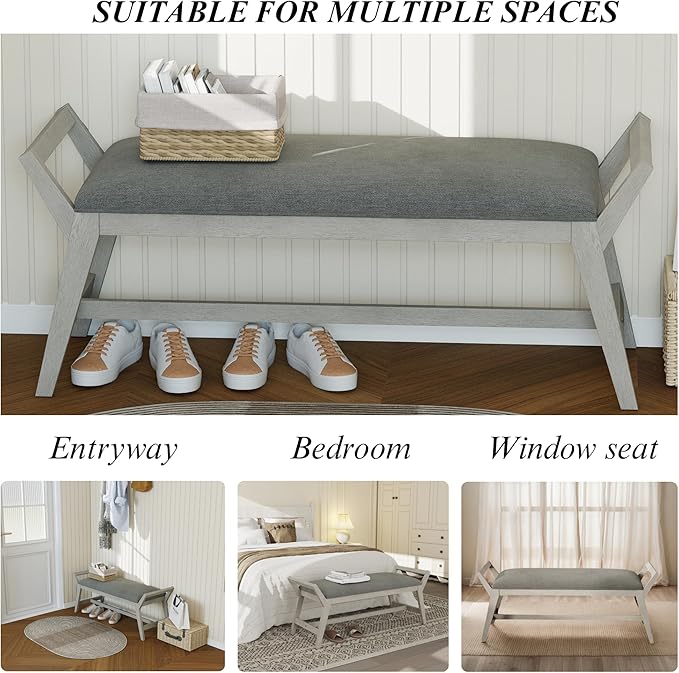 51" End of Bed Bench, Entryway Bench with Solid Wood Frame Fabric Upholstered Ottoman Bench for Bedroom/Entry/Hallway/Living Room, Chenille Grey