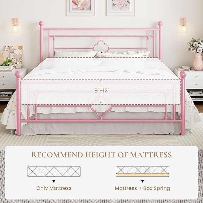 SHA CERLIN 14 Inches King Size Metal Platform Bed Frame/Vintage Iron-Art Headboard and Footboard/Mattress Foundation for Storage/No Box Spring Needed/Noise-Free/Easy Assembly/Pink