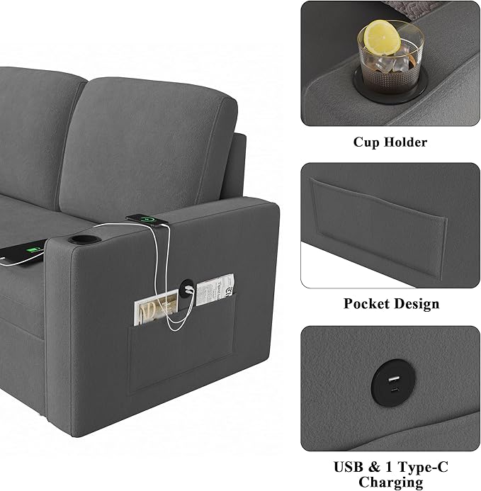 Keyluv 87" Pull Out Sleeper Sofa Bed with Storage Chaise, Reversible 2 in 1 Sectional Sofa Bed with Charging Station and Cup Holder, L-Shaped Sofa Couch for Living Room, Velvet Dark Gray