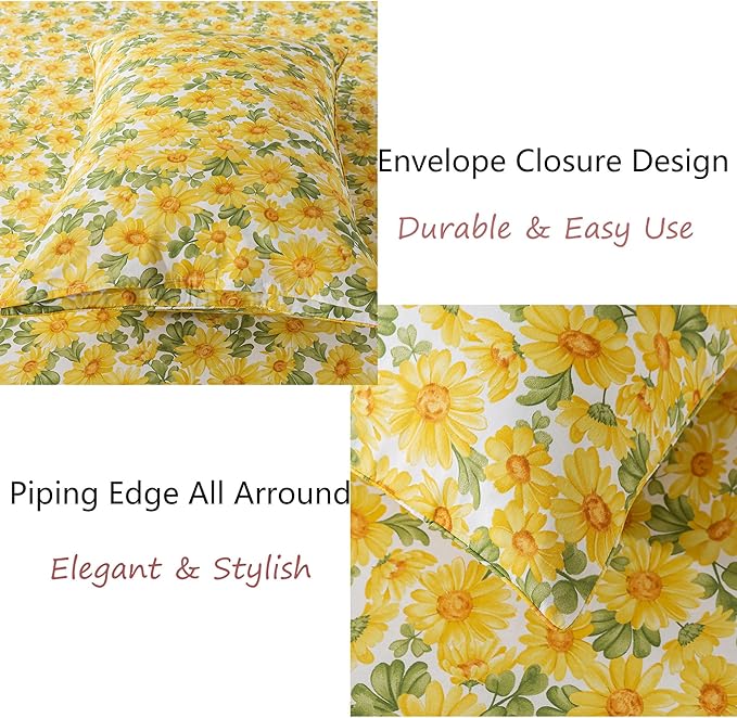 FADFAY Sunflower Sheets Set Queen Vintage Yellow Floral Bedding Rustic Botanical Sheets Shabby Floral Farmhouse Bedding 100% Percale Premium Cotton Soft Deep Pocket Fitted Sheet 4Pcs, Queen Size