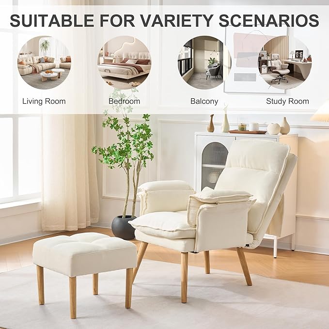 Modern Adjustable Accent Chair with Ottoman, Soft Fabric Reading Chair with Adjustable Backrest and Pillow, Comfy Lounge Chair with Armrests for Living Room, Bedroom, Apartment, Office, Dorm,Beige