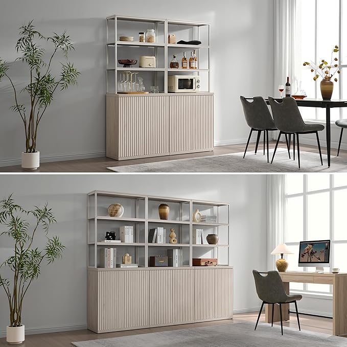SICOTAS Book Shelf Fluted Bookshelf Cabinet - 75" Tall Bookcase 6 Tier Large Bookshelves with Door Storage Modern Triple Wide Book Shelves Case for Living Room Office Library, Metal Frame, White Alder