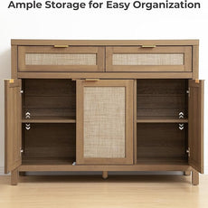 SICOTAS Rattan Sideboard Buffet Cabinet with Storage, Boho Credenza Accent Cabinet with 3 Doors and 2 Drawers, Farmhouse Console Coffee Bar for Kitchen, Living Room, and Entryway, Caramel Oak