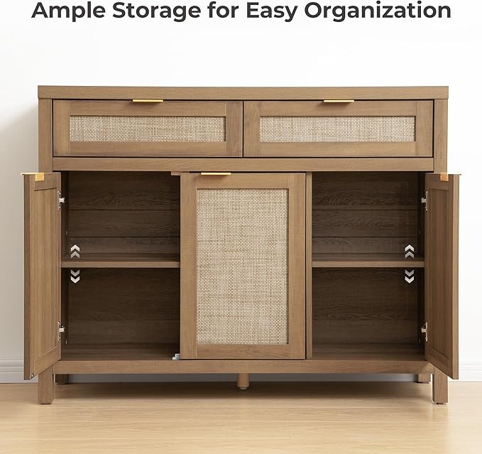 SICOTAS Rattan Sideboard Buffet Cabinet with Storage, Boho Credenza Accent Cabinet with 3 Doors and 2 Drawers, Farmhouse Console Coffee Bar for Kitchen, Living Room, and Entryway, Caramel Oak