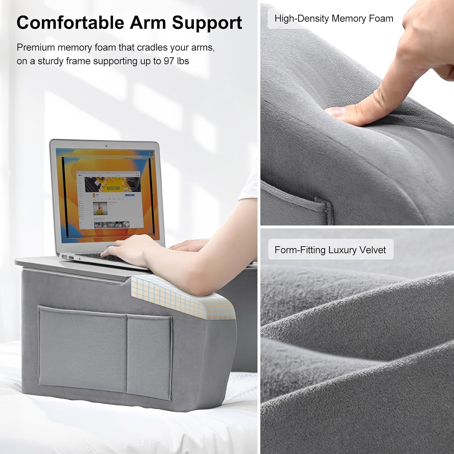Reading Pillow for Gaming with Ergonomic Arm Rests, Wooden Lap Desk for Laptop, Support Pillow with Side Pockets for Reading, Writing, Working, Gaming on Bed, Couch or Floor (Gray, Large)