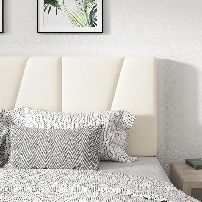 King Size Platform Bed Frame with Geometric Upholstered Headboard, Noise Free, Wooden Slats Support, No Box Spring Needed, Easy Assembly, Beige, Velvet