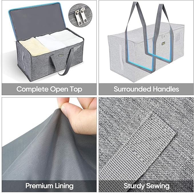 BALEINE Extra Large Storage Tote with Zippers & Carrying Handles, Heavy-Duty Oxford Fabric Moving Bags for Laundry, Space Saving, Storage,2-Pack, Winter Gray
